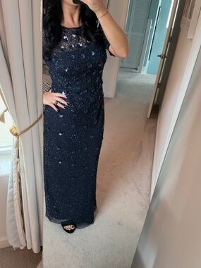 ADRIANA PAPELL  Navy Floral Beaded  Evening Dress